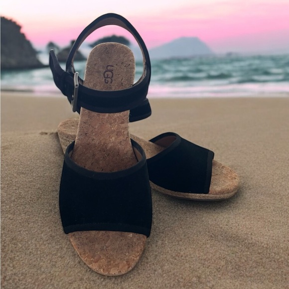 UGG Maybell Suede Black Wedge Sandals Adjustable Ankle Strap. Great Condition - Picture 6 of 7